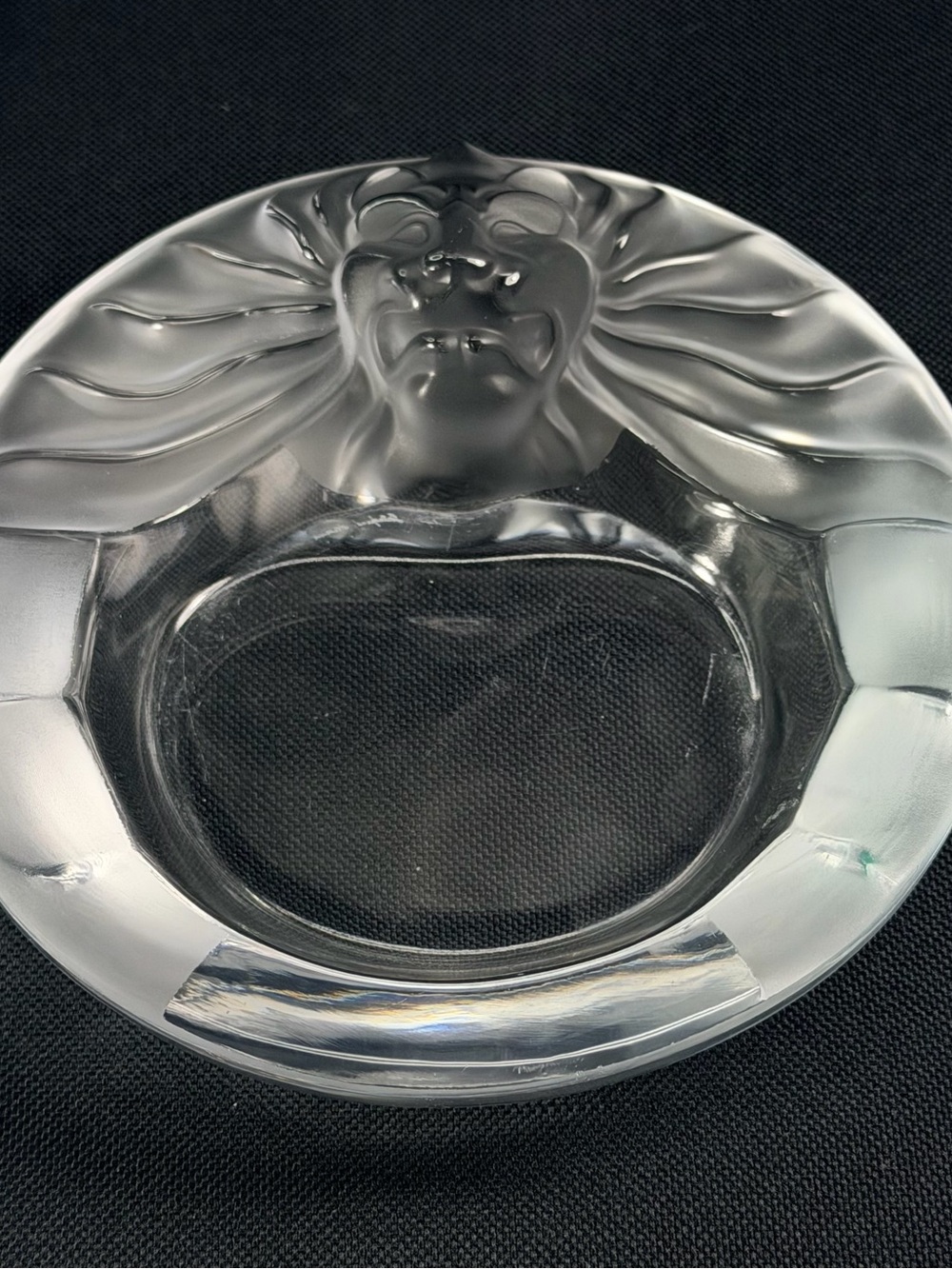 Lalique Clear Frosted Lion Face Glass Dish